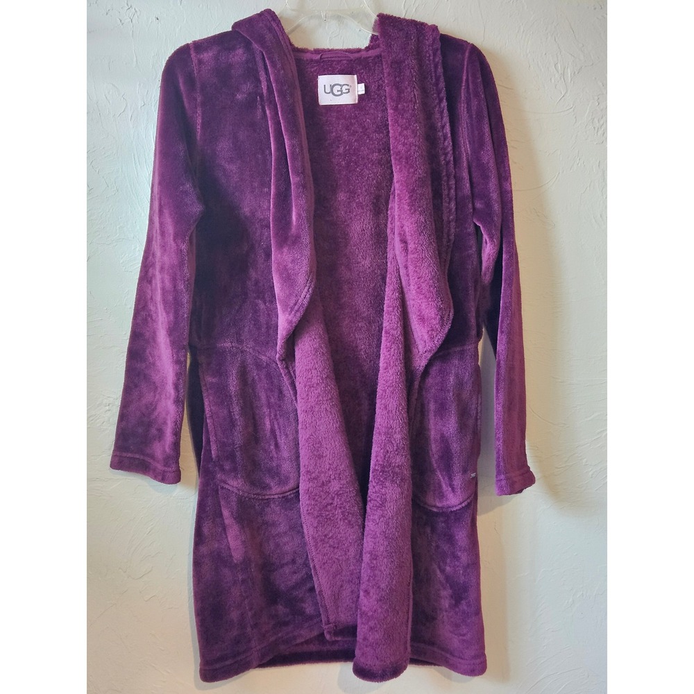 UGG Women Plum Purple Cozy Fleece Hooded Robe Cardigan Lounge S NO BELT